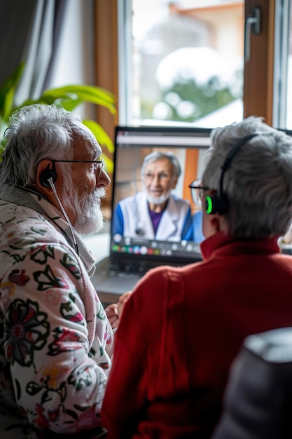 A telemedicine consultation between a doctor and a patient in a rural area, highlighting the use of digital technology to overcome geographical barriers to healthcare access. The patient is holding a tablet, and the doctor is visible on the screen.