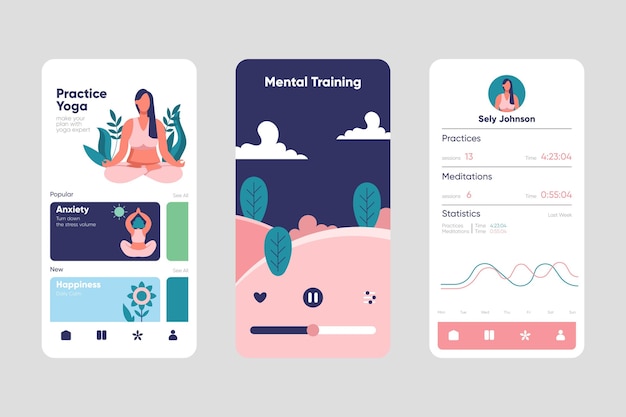 A screenshot of a mental health app interface showcasing personalized recommendations for meditation and mindfulness exercises based on user's mood and activity patterns.