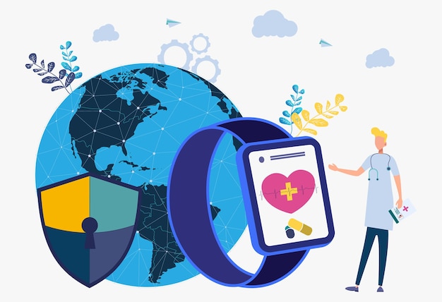 A graphic showing various connected devices (smartphones, tablets, wearables) transmitting health data to a central medical database, highlighting potential security risks.
