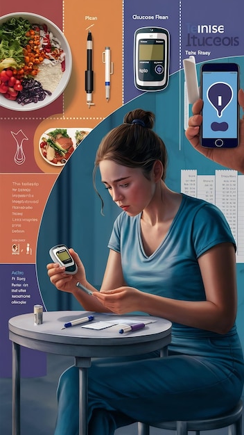 A collage showing various digital health technologies used in diabetes management: a smartwatch tracking activity levels, a smartphone app displaying blood glucose data, and a telehealth consultation interface.