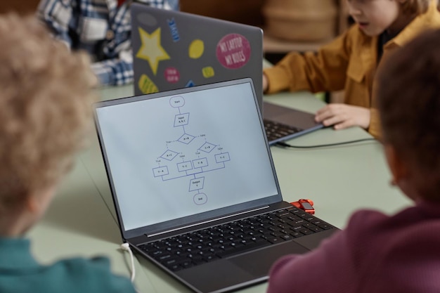 A classroom setting where students are using laptops for interactive learning, with an overlay of data visualization representing the AI analyzing their learning patterns in real-time.