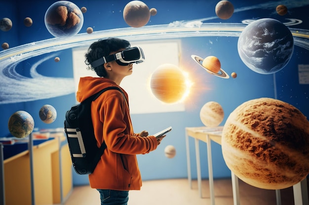 A student using a VR headset to explore a 3D model of the solar system. The image emphasizes the immersive and interactive nature of learning in the metaverse classroom.