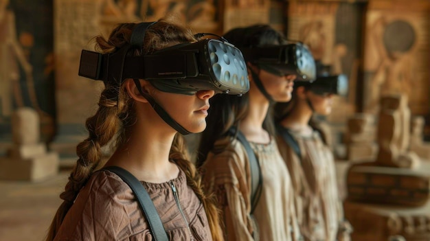 A teacher guiding students through a virtual reconstruction of ancient Rome using VR headsets. The image highlights the potential of VR to bring history to life in the classroom.