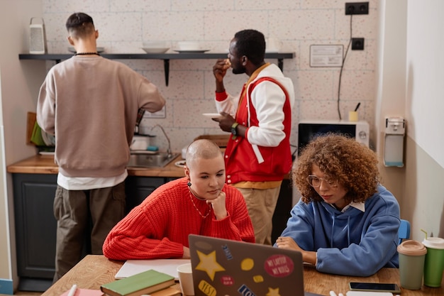 A diverse group of students working collaboratively on a project in a modern classroom setting. They are using technology and various resources to research, design, and create a presentation that demonstrates their understanding of the topic. The image highlights teamwork, creativity, and practical application of knowledge.