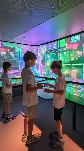 A futuristic classroom interface displaying complex algorithms and data visualizations. The image represents the AI engine behind personalized learning, showcasing its ability to analyze student data, adapt content, and provide individualized feedback.