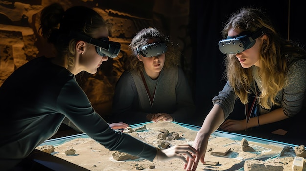 Students using VR headsets to explore a historical site, demonstrating how immersive technology can enhance learning experiences and provide a deeper understanding of complex subjects.