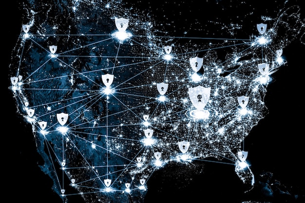 A digital illustration showing a network of interconnected nodes representing data streams, protected by a glowing shield with the US flag subtly embedded.