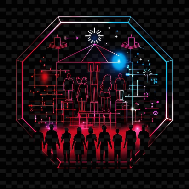 A stylized graphic representing a diverse group of individuals collaborating around a holographic display of a global network, signifying teamwork and cybersecurity expertise.