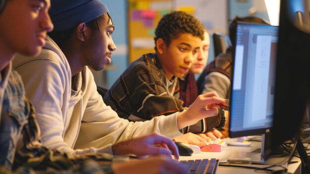 A diverse group of high school students participating in a coding workshop, learning programming fundamentals. The instructor is guiding them through the process, fostering problem-solving skills.