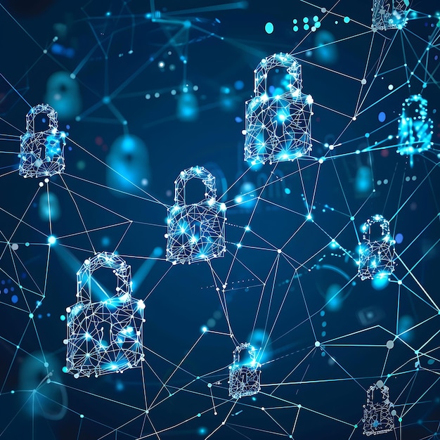 A graphic depicting a series of interconnected nodes representing data points, with padlocks symbolizing data privacy and security measures. Keywords: Data Privacy, Security, AI.