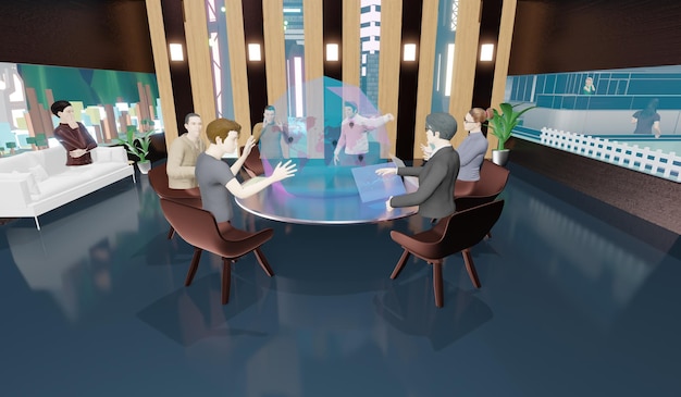 A photo-realistic rendering of a virtual meeting room in the metaverse. Several diverse avatars are seated around a conference table, actively engaged in a discussion. A large interactive screen displays data charts and project timelines. The atmosphere is collaborative and engaging.